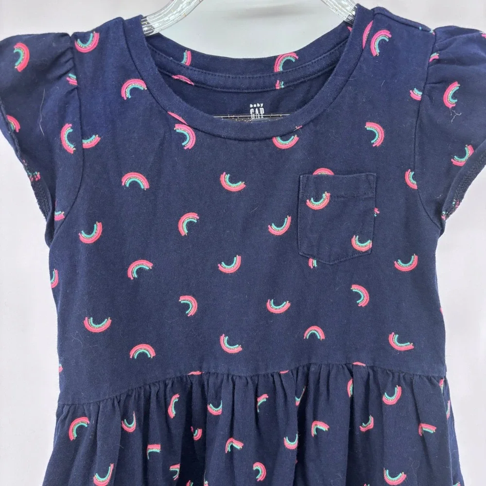 Baby Gap Girls Navy Blue Rainbow Print Pocket‎ Flutter Sleeve Dress